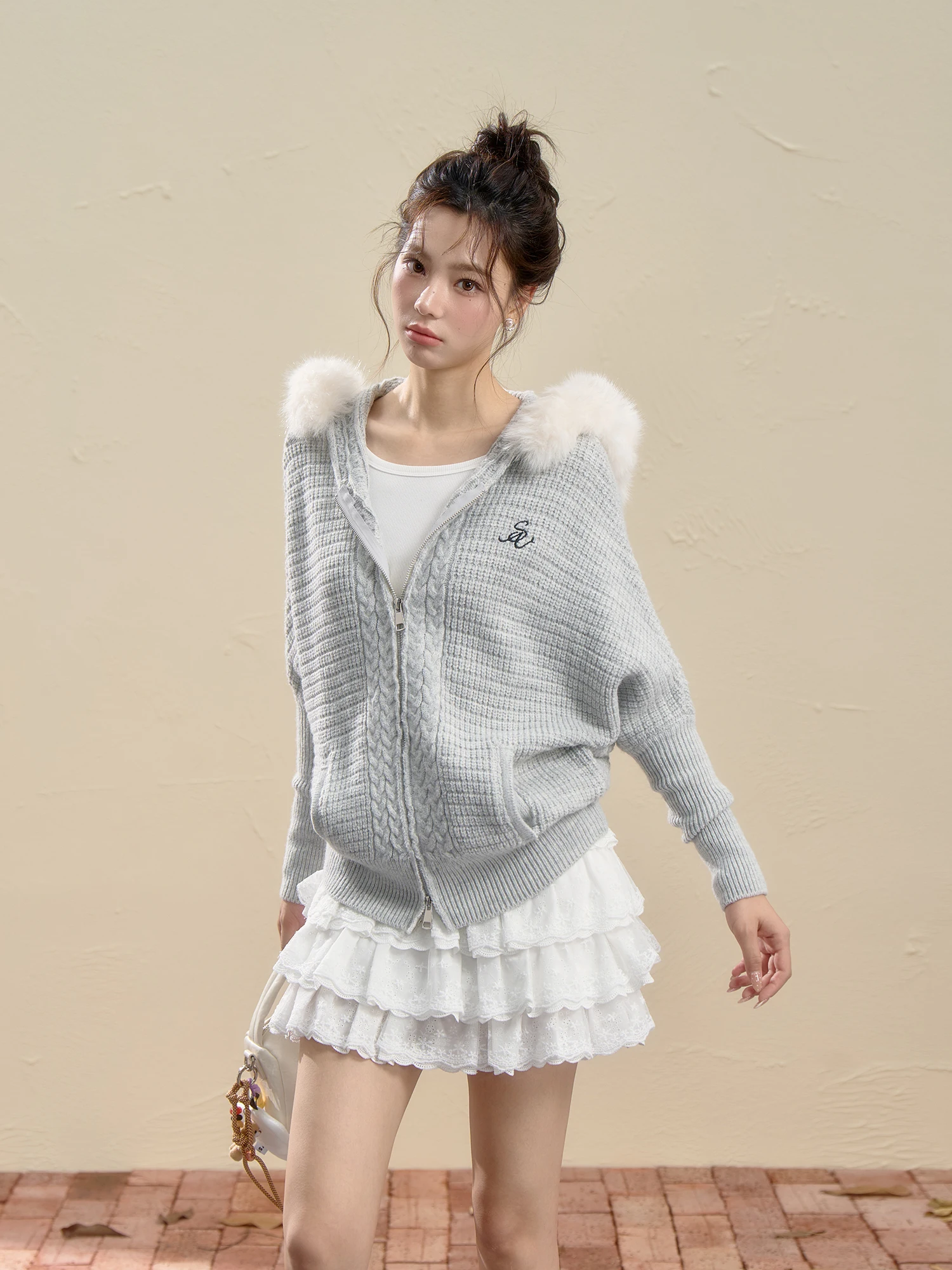 

Soft Cozy Lazy Sle Knitted Open Cardigan Women's Hat Large Fur Collar Korean Gentle Sle Outerwear Autumn Season Faion