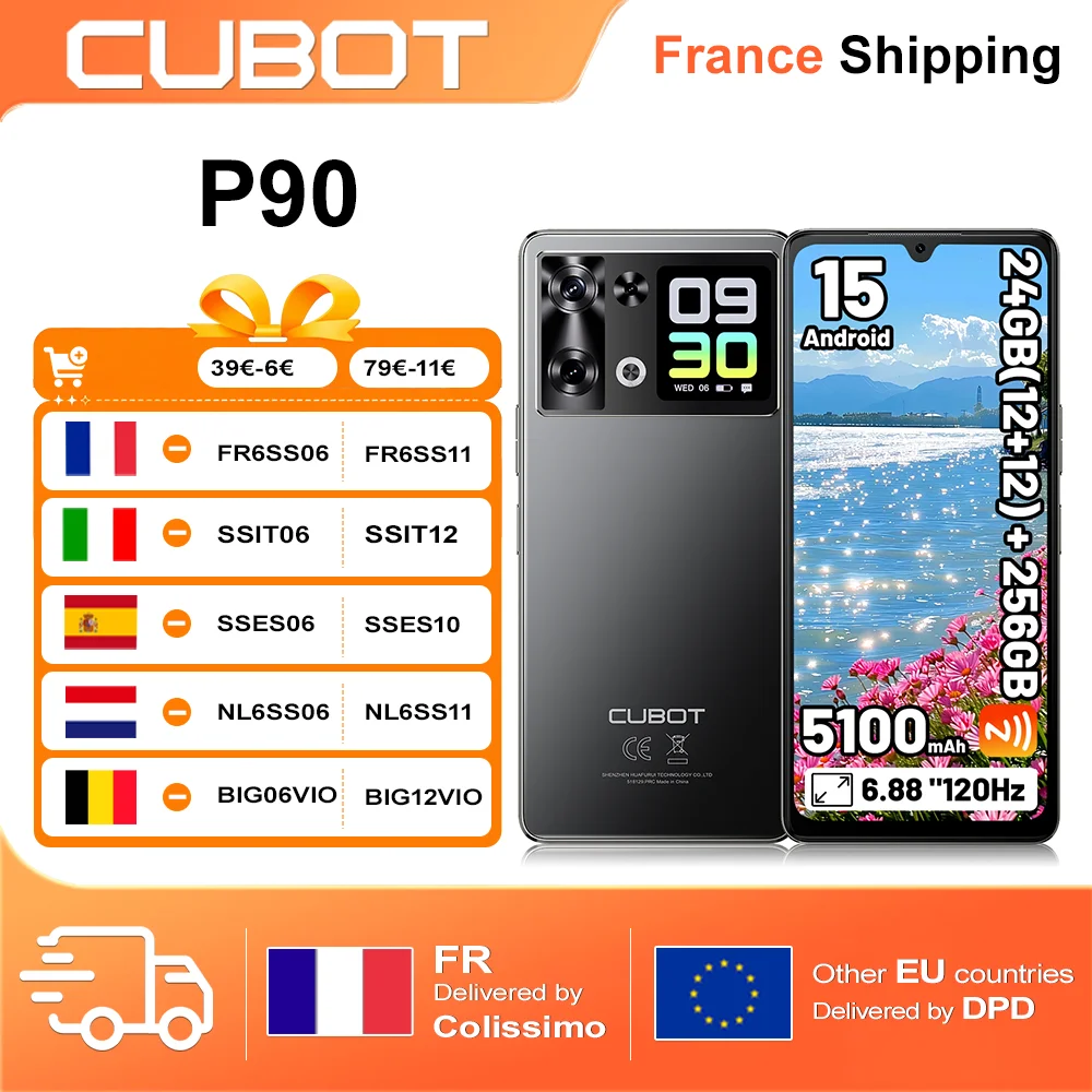 Cubot P90 Smartphone 24GB(12 +12) + 256GB Android 15 6.88 "120Hz G100 64MP + 16MP 5100mAh téléphone portable NFC identification faciale empreinte digitale