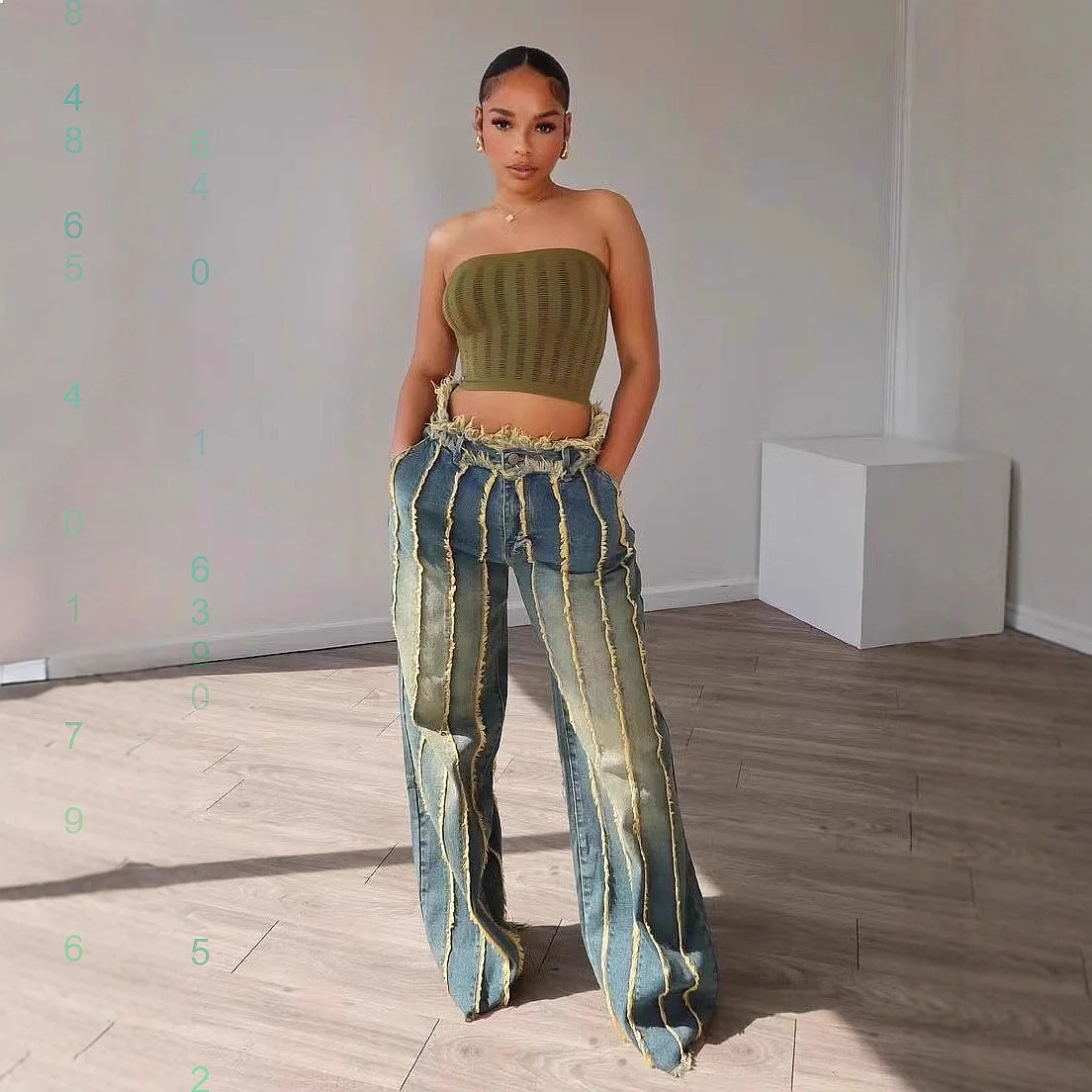 

Denim Patchwork Multi-Layer Washed Stretch Long Pants Jeans Spring Summer