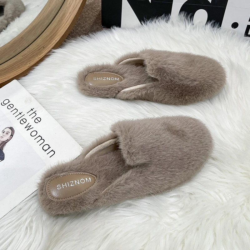Dedo do pé redondo chinelo de pele macia mulher grosso de pelúcia mule sapatos senhoras moda deslizamento ao ar livre pantuflas inverno quente plana algodão slide