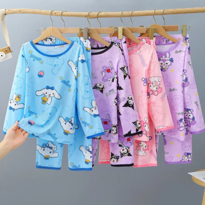 

Kawaii Sanrio, Hello Kitty Cinnamoroll Kuromi My Melody детские ночные рубашки, милые Мультяшные Летние повседневные пижамы с длинными рукавами