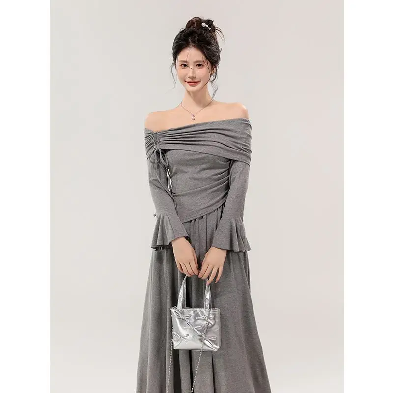 Lazy Style 2 Piece Sets Women Slash Neck Drawstring Long Sleeve Tops + High Waist Skirt 2025 Spring Autumn New Trendy Suit image 4