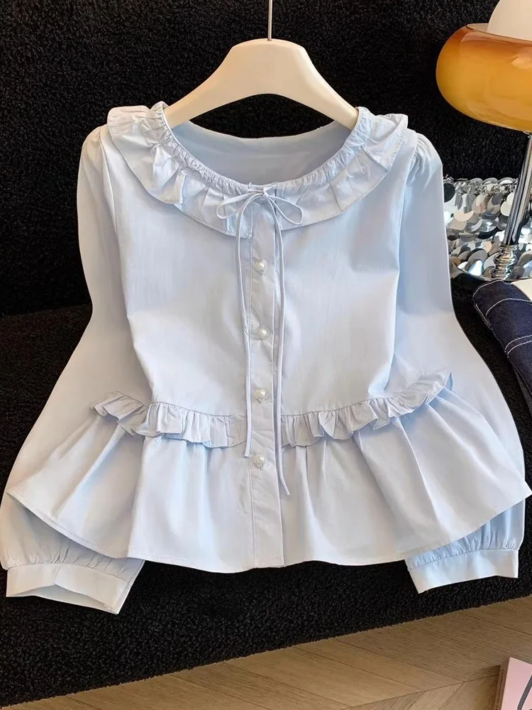 

Spring Ruffles Sweet Shirt Women Cute O Neck Bow Lace Up Blouse Vintage Casual Japan Kawaii Long Sleeve Preppy Style Tops New
