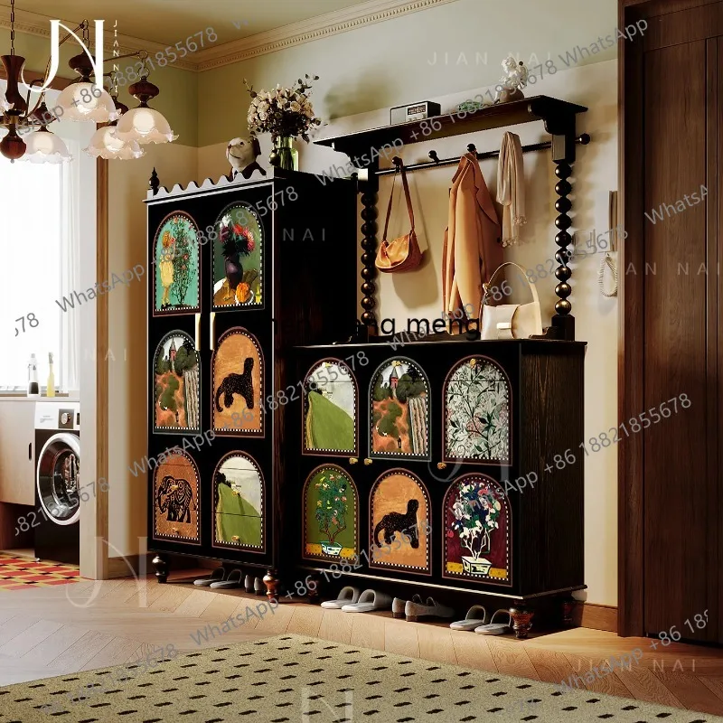 French-style vintage solid wood entrance shoe cabinet with an exotic window view and a large capacity storage shoe rack