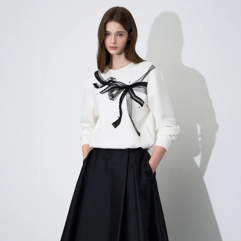 

Элегантная женская толстовка в корейском стиле из воздушного хлопка с объемным принтом, круглым вырезом и длинными рукавами с завязками