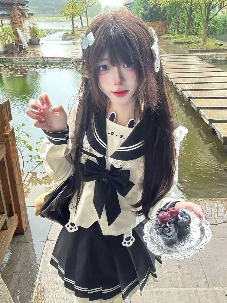 Kawaii Lovable Slim Bow с длинным рукавом, комплект из 2 предметов, женский дизайн, милые модные футболки с темно-синим воротником + кружевной торт, короткая юбка, костюм