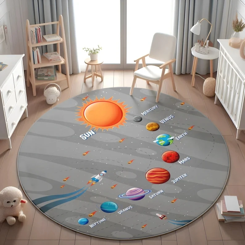Planets & Astronauts Round Playmat – Cosmic Themed Kids Rug for Bedroom, Living Room or Reading Area, Soft Floor Mat Decor