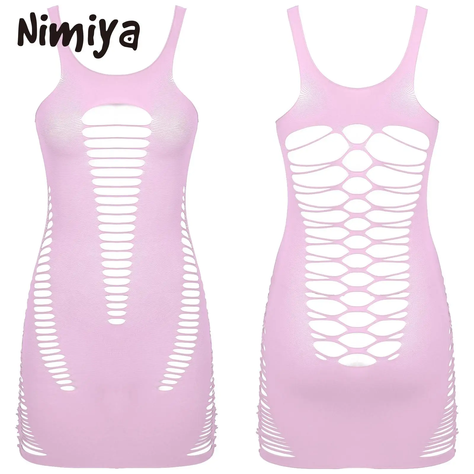 Nimiya Womens Exotic Costumes Hollow Out Pure Mini Dress Babydolls Sleepwear Round Neck Sleeveless Bodycon Dresses Nightclubwear