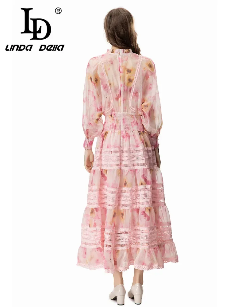 LD LINDA DELLA Fashion Designer Summer Dress Women\'s Bohemian Floral Print Chiffon Hollow Out Embroidery Elastic Waist Dresses