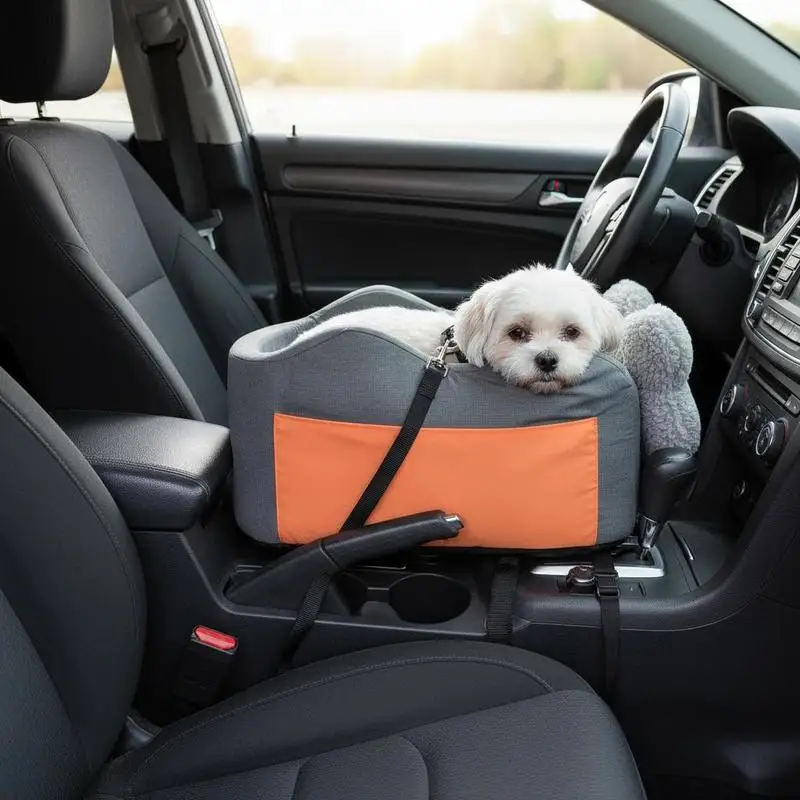 Siège auto pour chiens de petite taille 3,6 kg, siège surélevé pour chien, laisse à clipser, sangles réglables, lit de voiture sur accoudoir central pour animal de compagnie, gris foncé