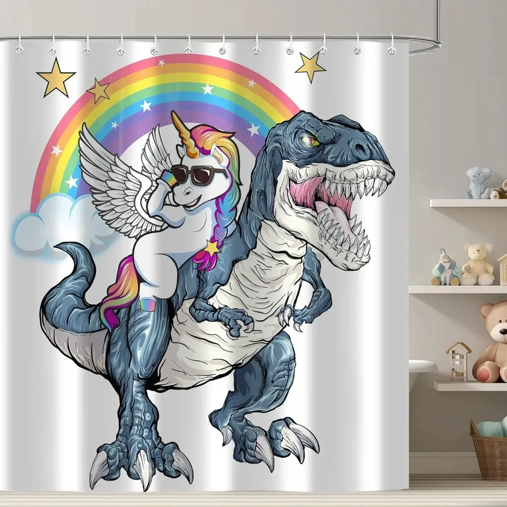 

Забавная занавеска для душа с изображением единорога, ездящего на динозавре, милый мультяшный декор для ванной комнаты с изображением космоса, радуги и галактики, водонепроницаемая ткань для детей