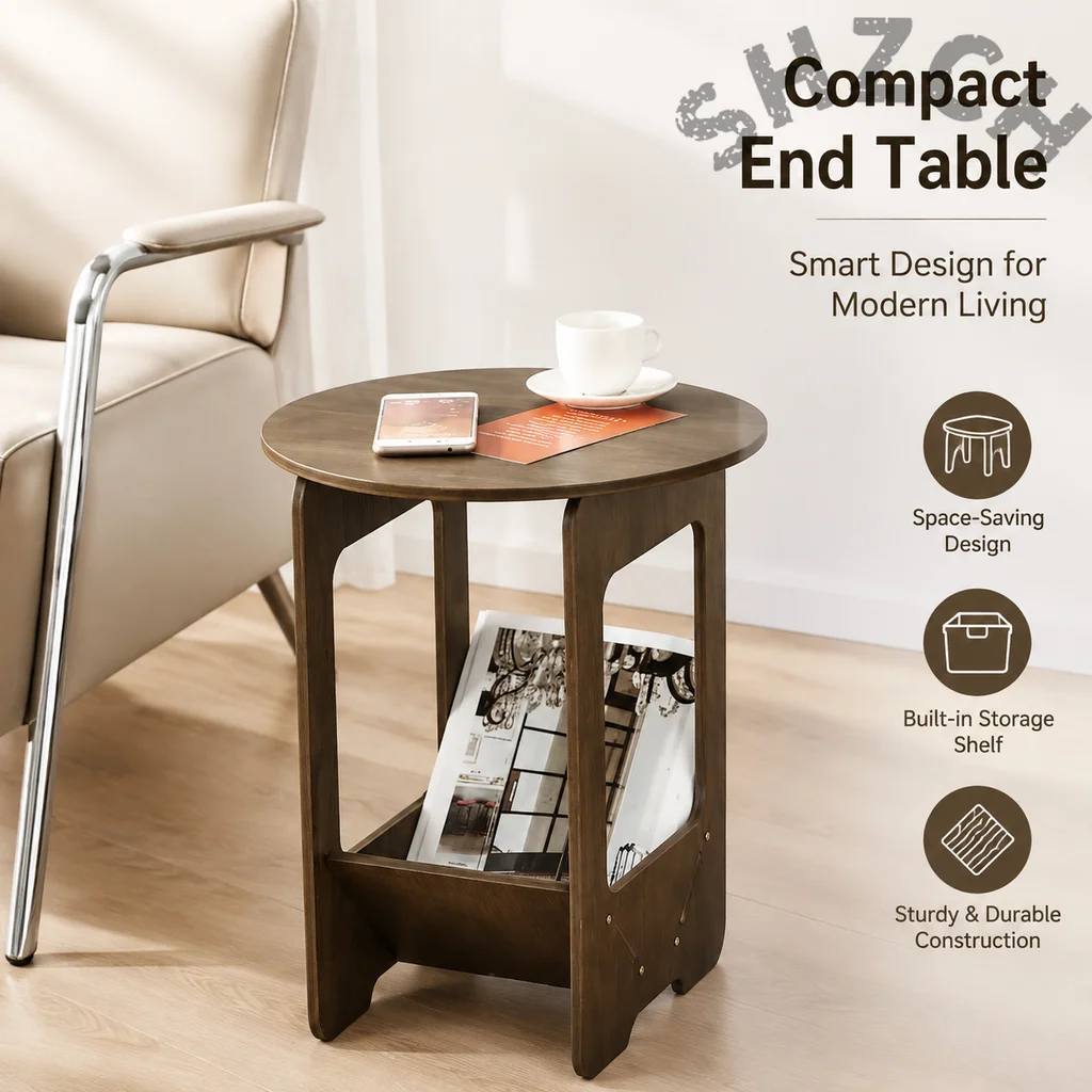 14-Inch Round Multifunctional Side Table for Bedroom, Balcony, Living Room – Compact Splicing Coffee or Bookshelf Table