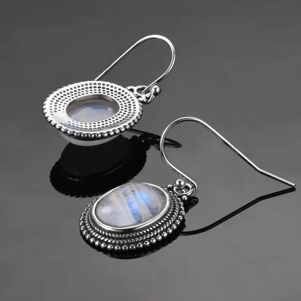 Silver Plated Earring Large Oval Natural Moonstone Earrings for Women Vintage Luxury Ear Jewelry Party Birthday Gift