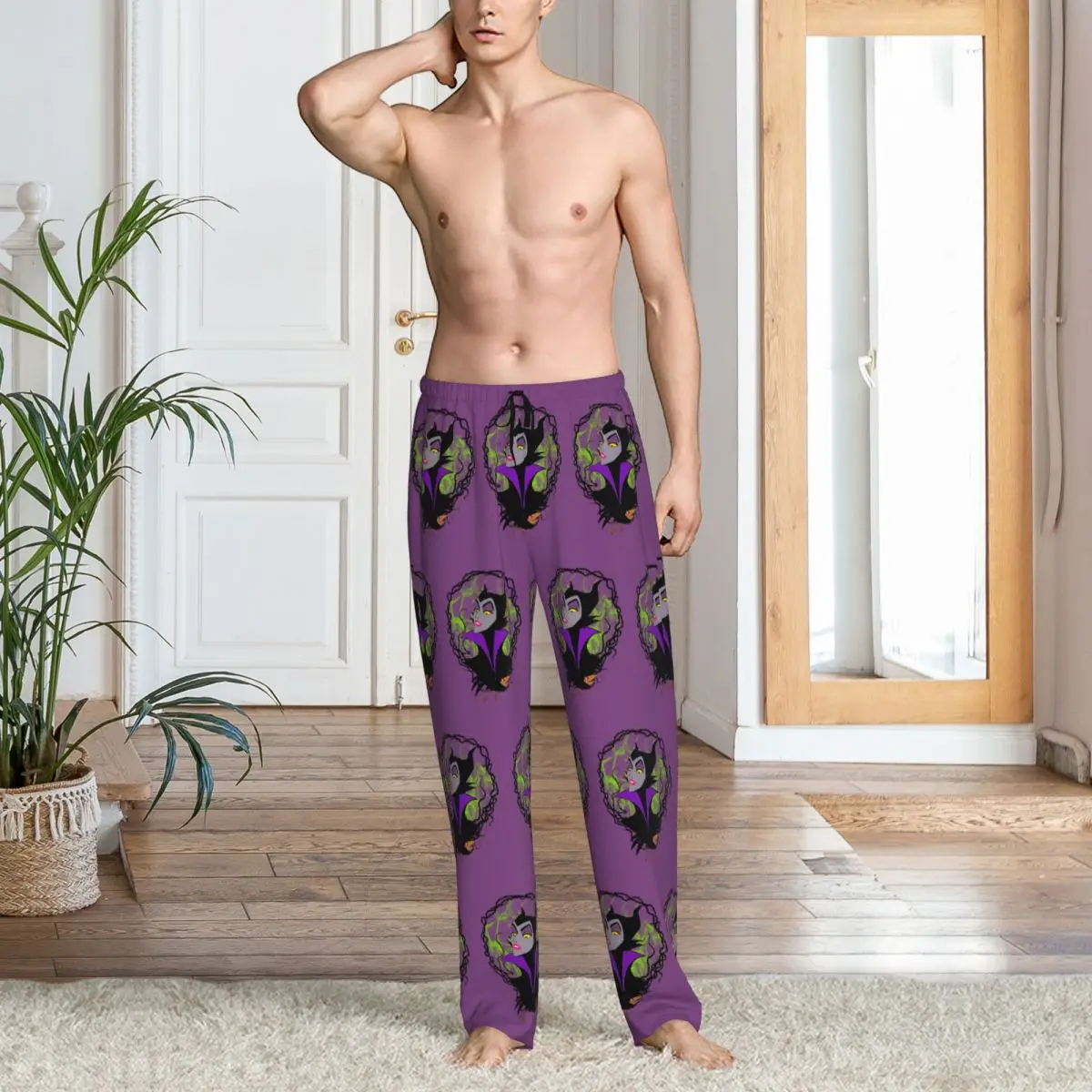 Calças de pijama maléficas com estampa personalizada, calças masculinas poderosas para dormir com bruxa e bolsos