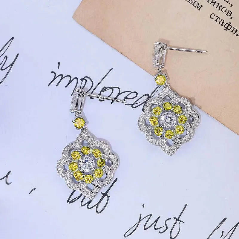 S925 Silver Ear Stud Micro Inlaid Yellow Diamond Luxury Full Diamond Classic Fragrant Style Fashion Versatile Earring Jewelry