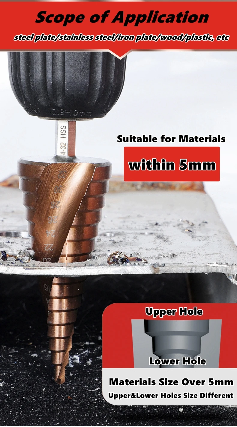 4-12/4-20/4-32mm m35 cobalto espiral passo broca cônica HSS-CO broca espiral sulco triângulo haste para aço inoxidável