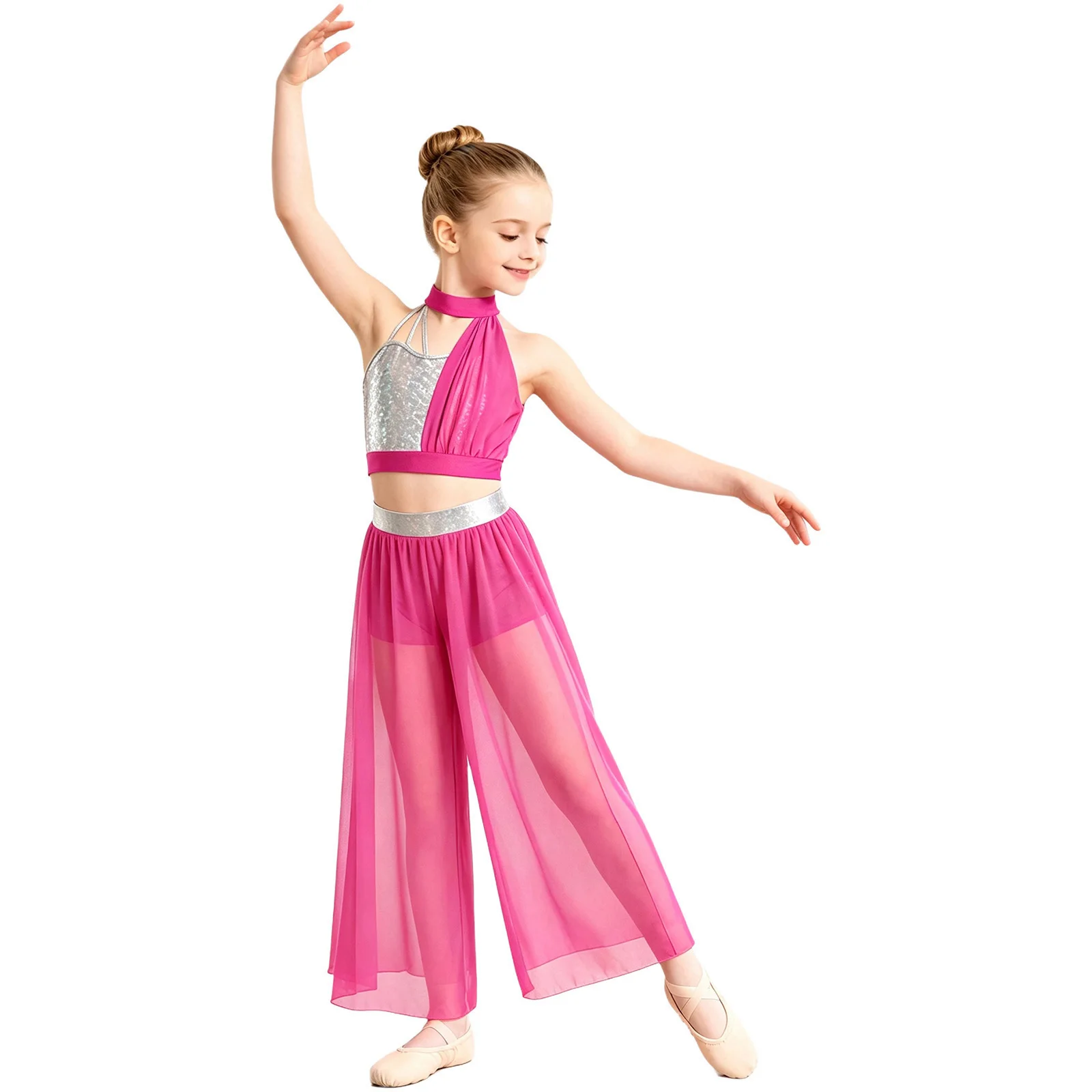 Kids Girls Lyrical Dance Figure Skating Costume Ballet Contemporary Dancewear Sleeveless Shiny Crop Top with Mesh Tulle Pants