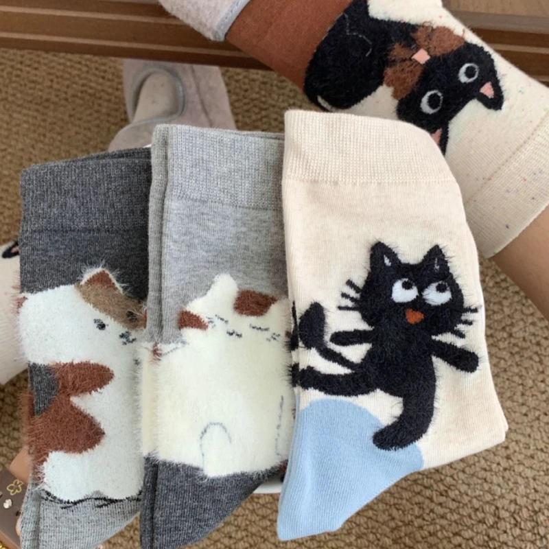 

Женские носки до середины икры на каблуке с принтом кота, корейские модные хлопковые повседневные носки с рисунком животных, осенне-зимние мягкие удобные домашние носки