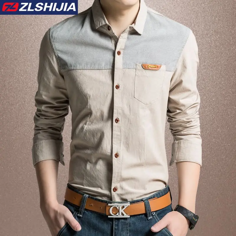 Men's Spliced Long Sleeved Shirt with High-end Feel Korean Version Slim Fit and Versatile Youth Handsome Denim Shirt