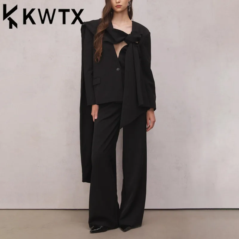 

KWTX 2025 Women’s Casual 2-Piece Suit Blazer & Wide Leg Pants Scarf Collar High Waist S/S Elegant Luxury Chic Designer Outfit
