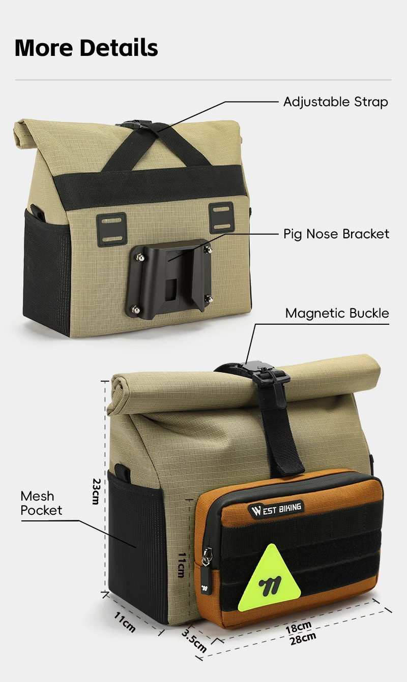 WEST BIKING Faltbare Fahrrad-Vordertasche 2-in-1 Multifunktionale Fahrradlenkertasche 3,3+0,6L Große Kapazität Werkzeugaufbewahrung Fahrradtasche – Detail 13