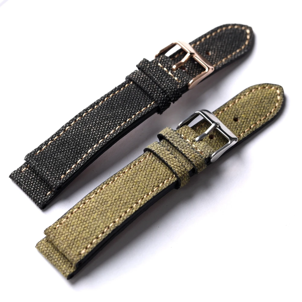 Handmade Old Canvas Strap Vintage Style Men Watch Bracelet 18 19 20 21 22MM Black Green Sticker Cowhide Leather Bracelet