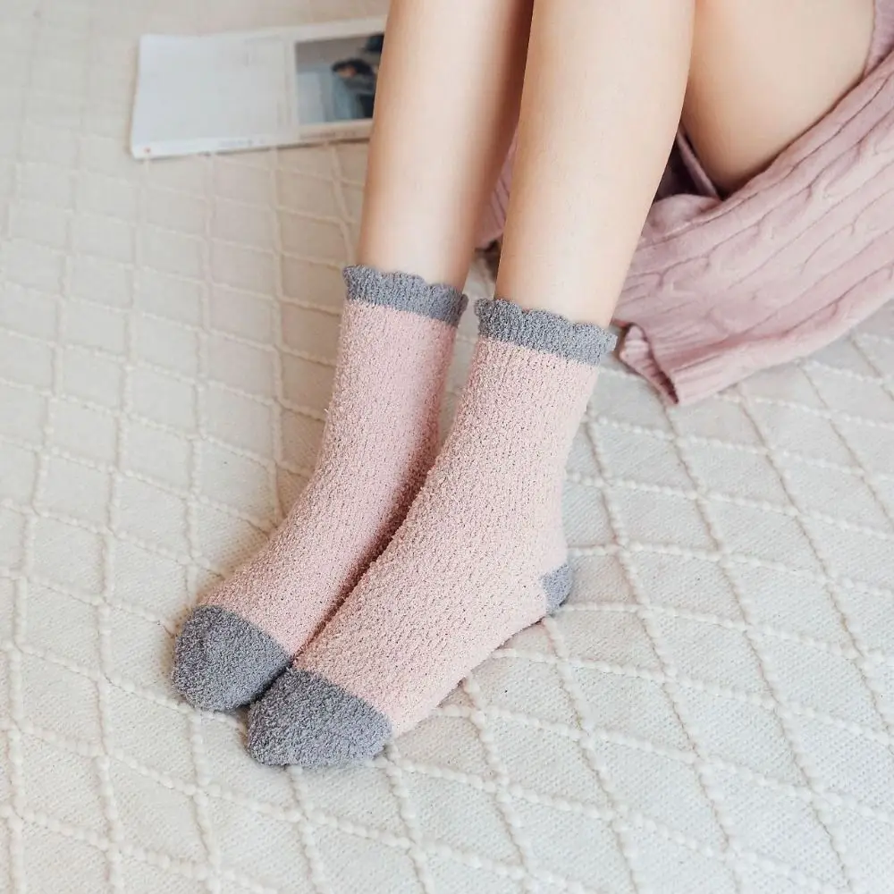 5Pairs Creative Thickened Coral Fleece Socks Winter Patchwork Floor Plush Socks Simple Hosiery Warm Boat Socks Women Autumn