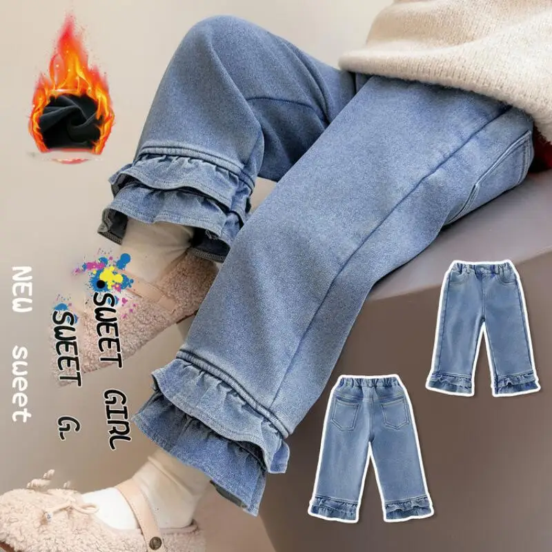 Girl Thicken Jeans Autumn Lace Straight-Leg Pants Child Versatile Keep Warm Kawaii Fashion New Style Casual Clothing Homewear