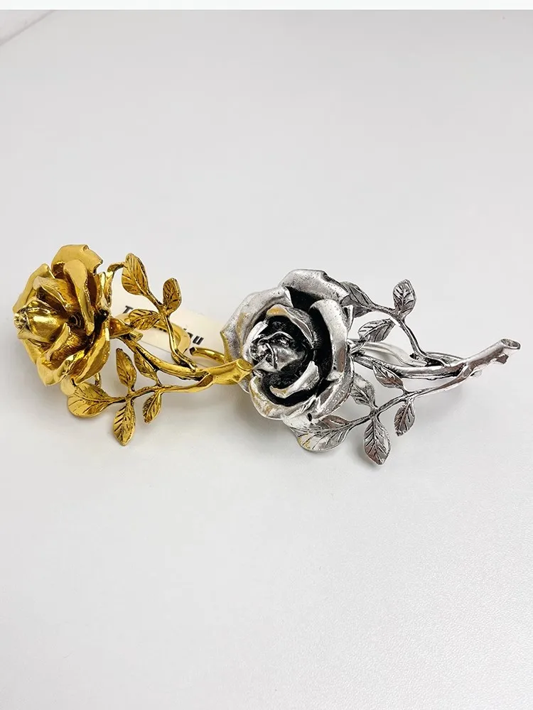 Vintage Exaggerated Metal Rose Flower Large Open Rings for Women Europe and America Personality Party Jewelry Accessories