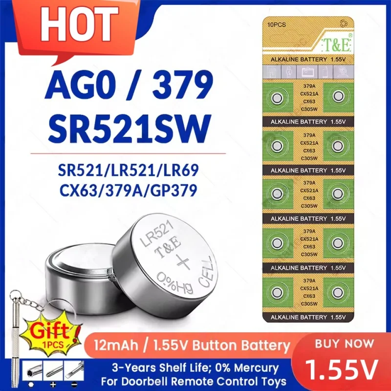 

1.55V LR521 AG0 Button Batteries For Watch Toys Remote SR521SW 379 SR63 LR63 D379 GP379 SR521 379A Cell Coin Alkaline Battery