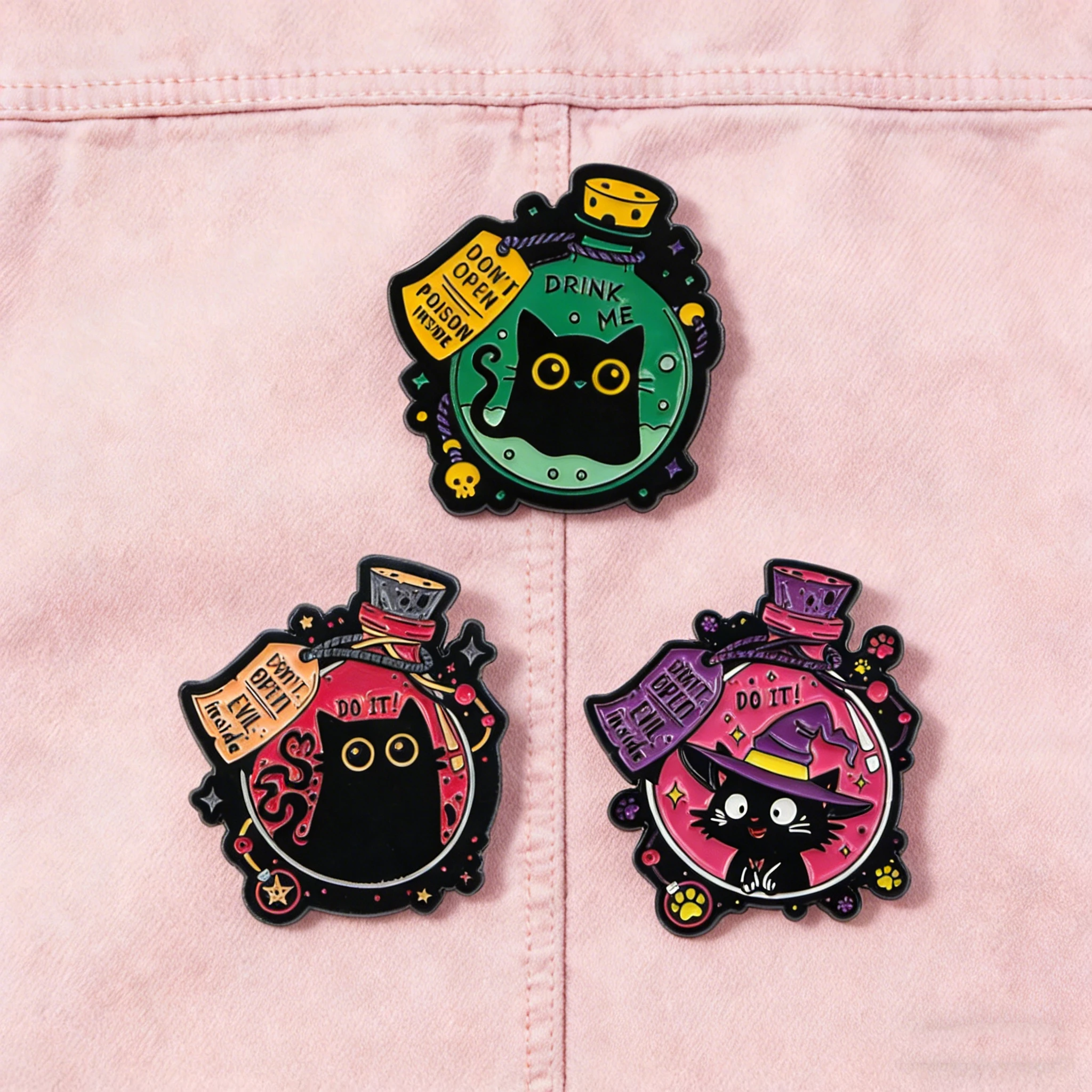 1-3pcs/Set Cartoon Witch Black Cat Elf Enamel Pin Don't Open Bottle Kitten Brooches Lapel Badges Halloween Jewelry Gifts