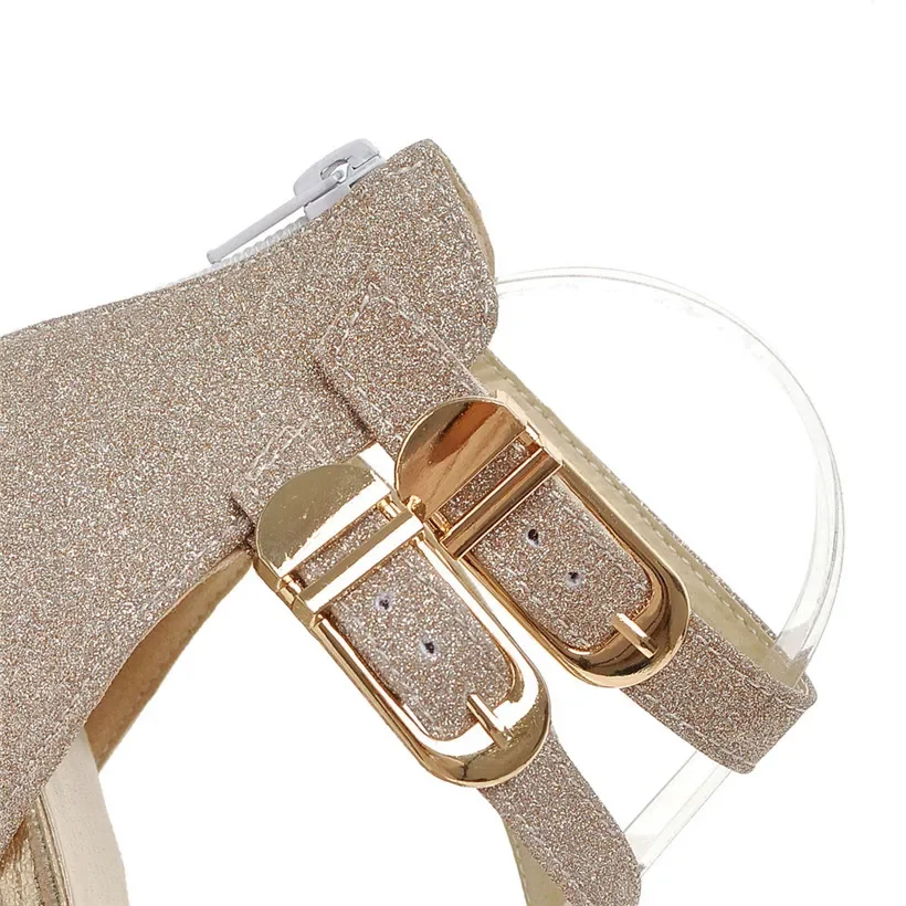 Casual Women Platform Sandals Glitter Leather 12cm High Chunky Heel Summer Buckle Cross Strap Zipper Gold Wedding Ladies Sandals