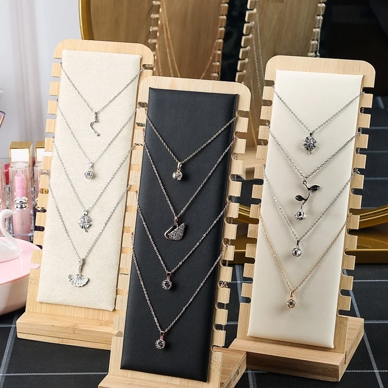 Solid Bamboo Wood Jewelry Display Stand Necklace Showcase Holder for Necklaces Long Chain Wooden Multiple Handing Organizer