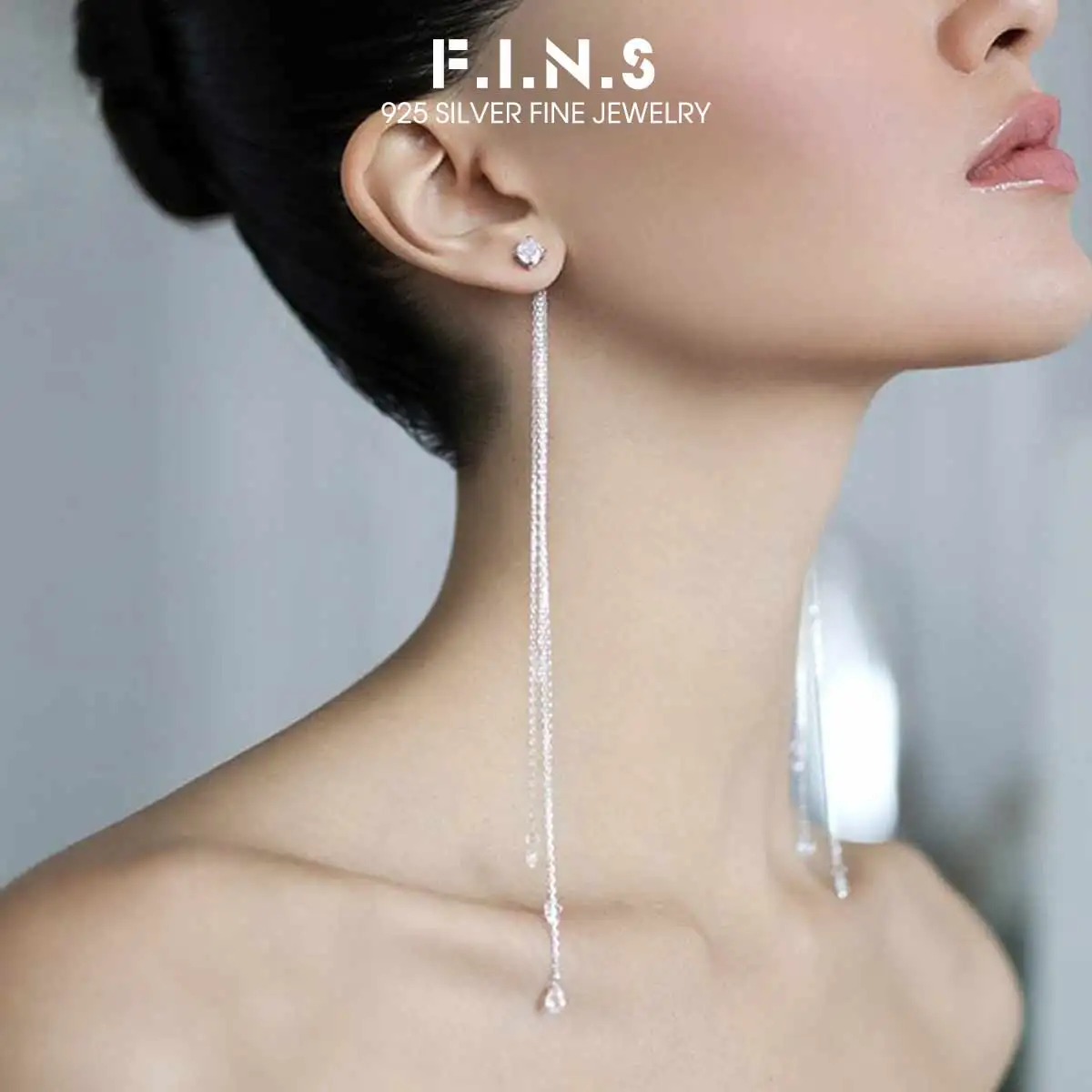 

F.I.N.S Minimalist 925 Sterling Silver Drop Earrings Long Chain Tassel Classic Hanging Sparkle Zircon Pierced Ear Fine Jewelry
