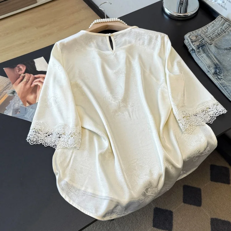 New Chinese Style Heavy Embroidery Lace Sleeve Opening round Arc Hemline Top Slant Lapel Button round Neckline Polyester Fabric