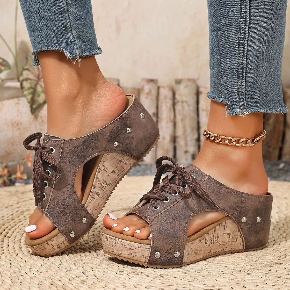 

Women's Summer New Large Size Slip-On Wedge Heel Sandals Thick Bottom Heightening Side Open Mouth Shoes Leather Uppers 36-43