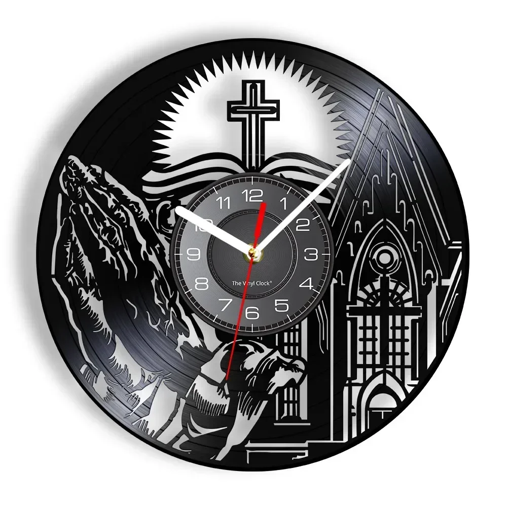 In God's Time Scripture Bible Cross Wall Clock Praying Hands Vinyl Record LP Wall Clock Jesus Christian Religious Spiritual Gift