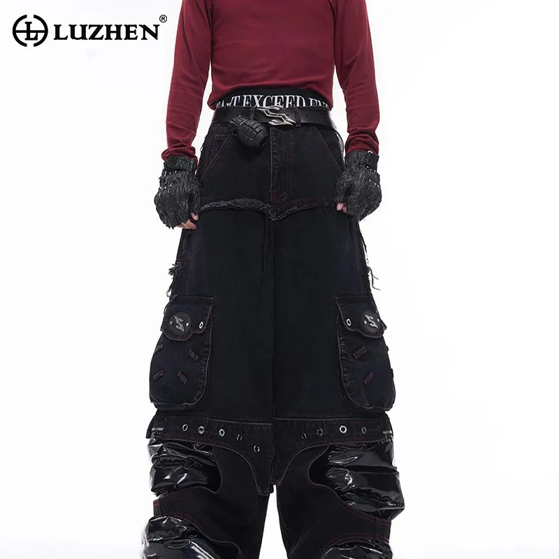 LUZHEN DENIM กางเกง Splicing PU หนังผู้ชายฤดูใบไม้ร่วงตรงขาที่ถอดออกได้ออกแบบอินเทรนด์ชายส่วนบุคคล Streetwear LZ8067