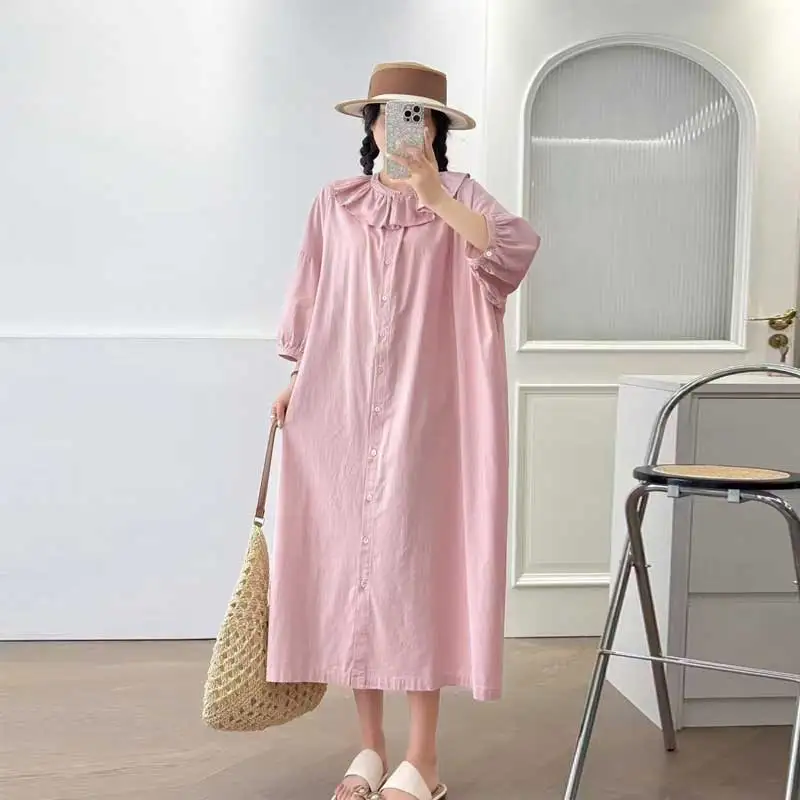 

Japanese Sweet Mori Girl Solid Color Single Breasted Shirt Dress Women Summer Ruffled Collar 3/4 Sleeve Casual Loose Midi Dress
