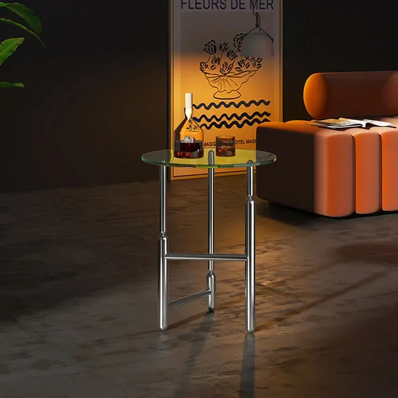 Retro stainless steel, coffee table light luxury round, glass corner a few Quince balloon dogs, sofa side a few
