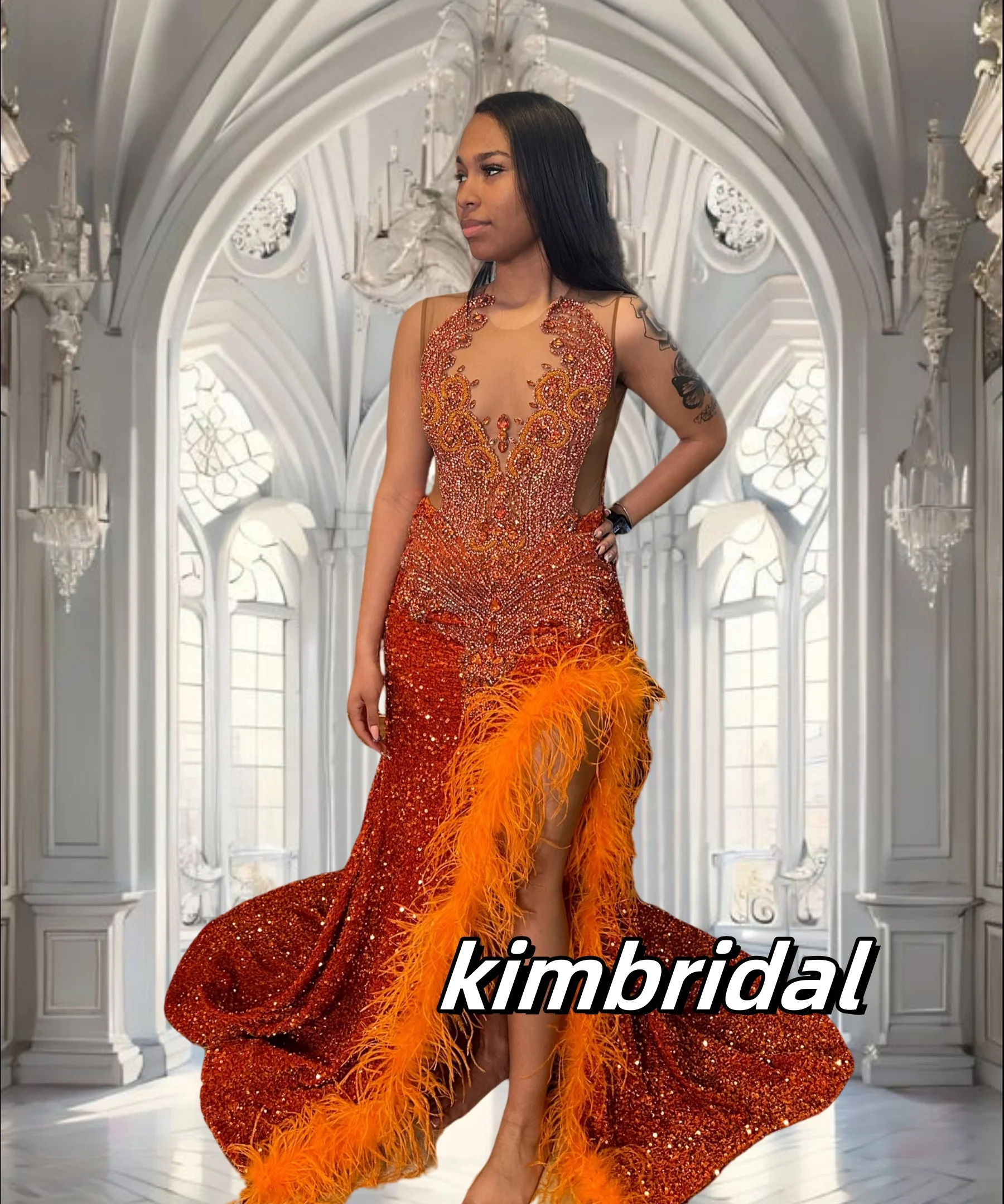 

Customized Orange Mermaid Prom Dresses Long for Black Girl Crew Neckline Side Slit Feather Sparkly Sequin Diamond Evening Gowns