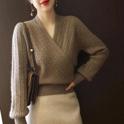 French Style Light Luxury Twisted Flower Autumn and Winter Sweater V-neck Cross Temperament Base Knit Sweater Women's Top