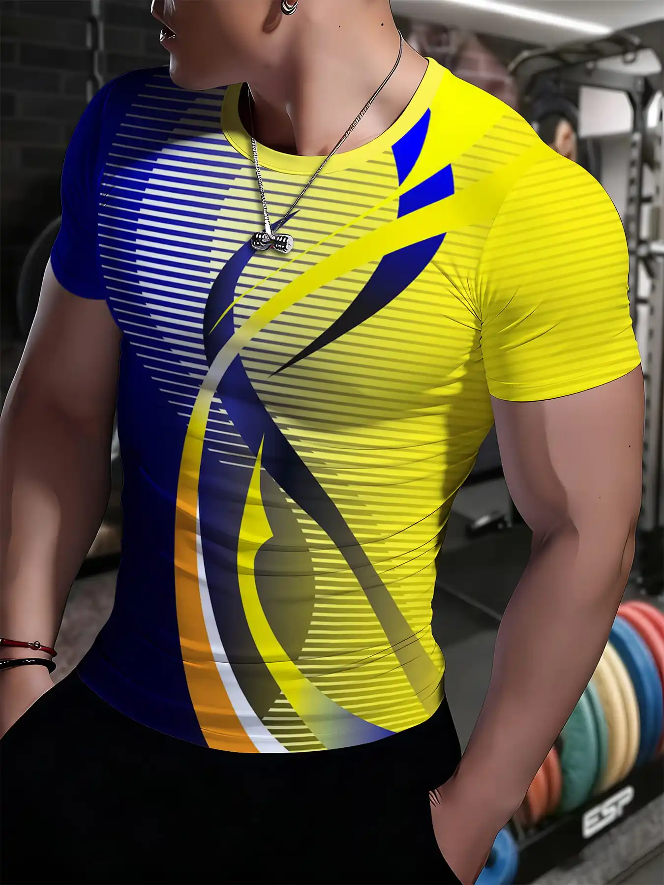 Men Gradient Line Print Compression T-shirt High Elastic Quick Dry Sports Gym Training Short Sleeve Workout Top