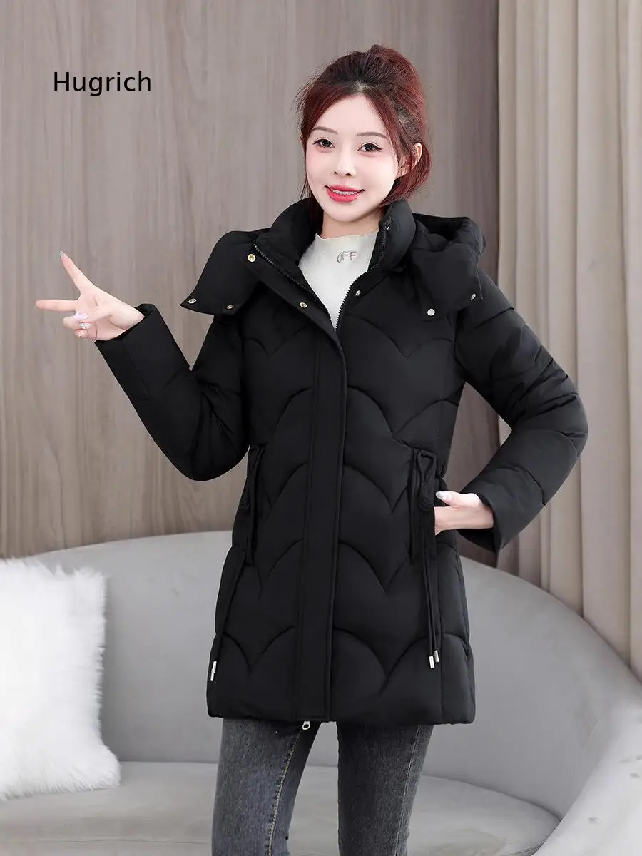 High End Medium Long Cotton Padded Coat Women Korean Style Slim Fit Large Size Hooded Jacket Fashion Winter Female Outerwear