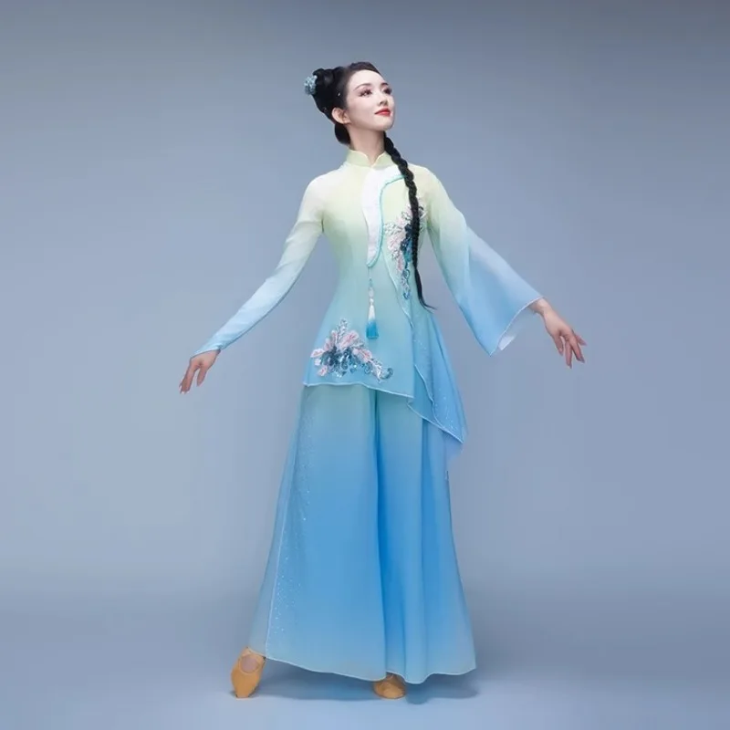 Strój Yangko Jiaozhou - Nowy taniec z wachlarzami - Elegancki taniec z parasolkami na egzaminach artystycznych - Strój taneczny dla kobiet Hanfu