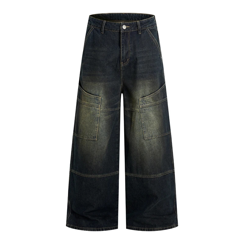 

Black American Style Vintage Men's Jeans Patchwork Distressed Washed Pocket Spliced Design Straight Loose Cargo Pants