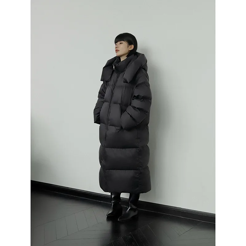 Winter New Thickened 90 White Duck Down Korean Style Hat Over Knee Long Down Jacket for Women