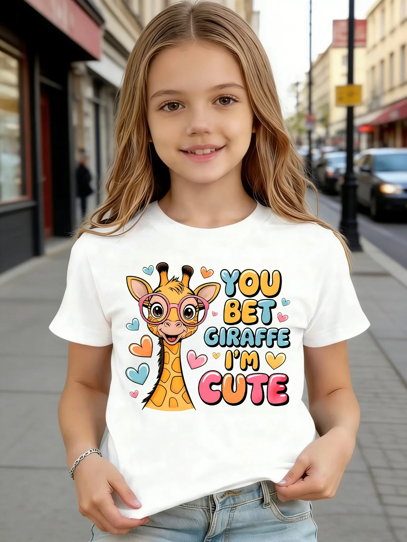 You Bet Giraffe I'm Cute Cartoon Giraffe Graphic Print T Shirt Family Matching Boys Girls Kids Short Sleeve Daily Tees