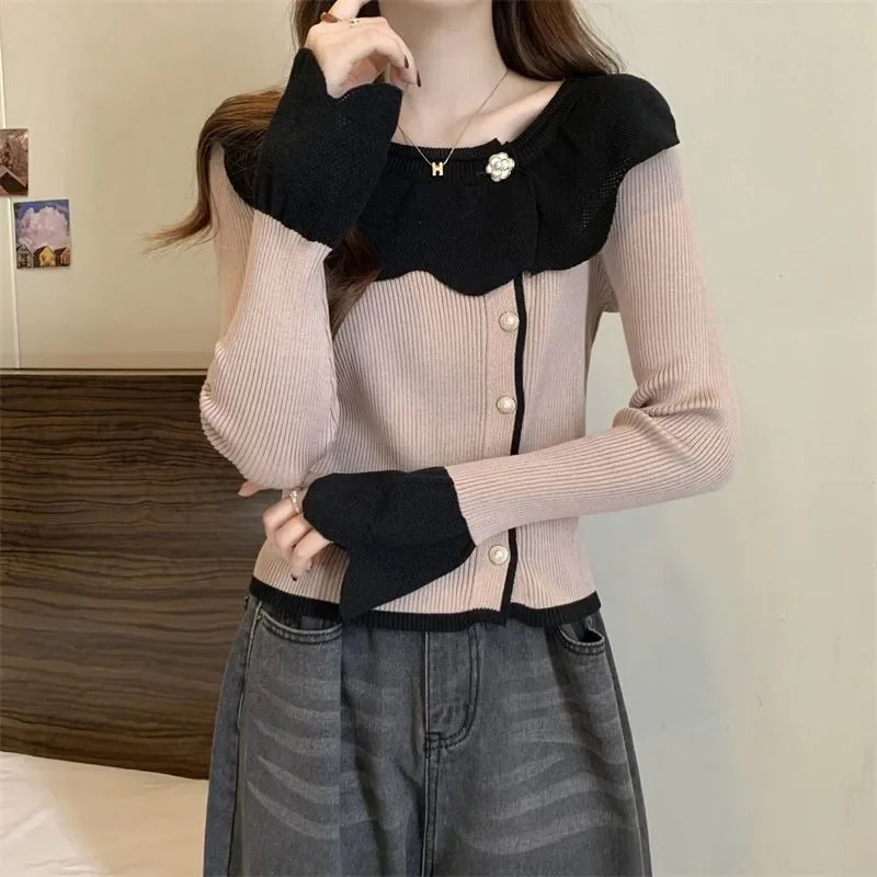 

Женская французская винтажная лоскутная вязаная уличная одежда с оборками в стиле Харадзюку, свитера с длинными рукавами в корейском стиле, трикотаж, новинка