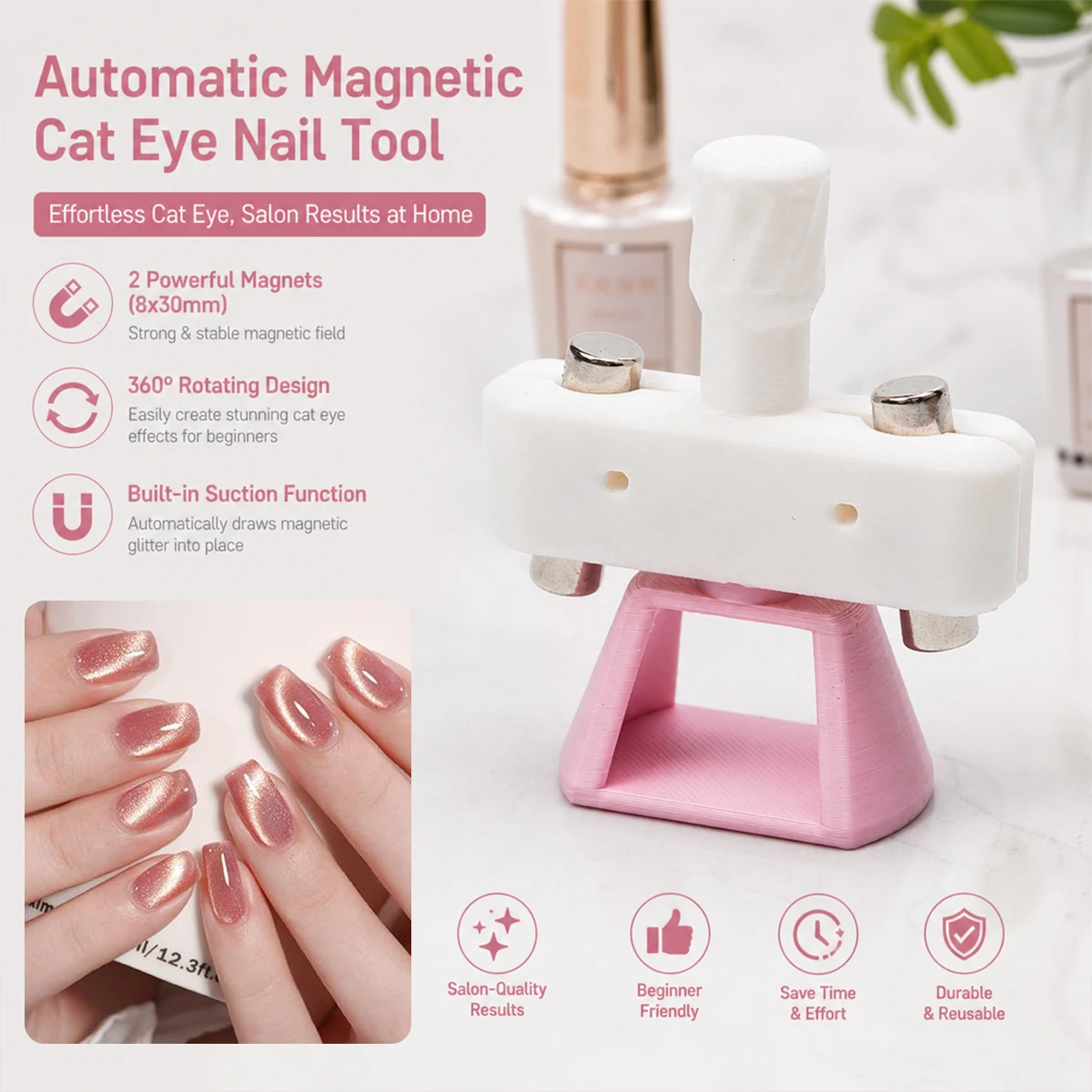 Outil automatique pour la pose de perles de verre effet œil de chat pour le nail art, idéal pour les débutants, aucune compétence requise. Aucun aimant inclus